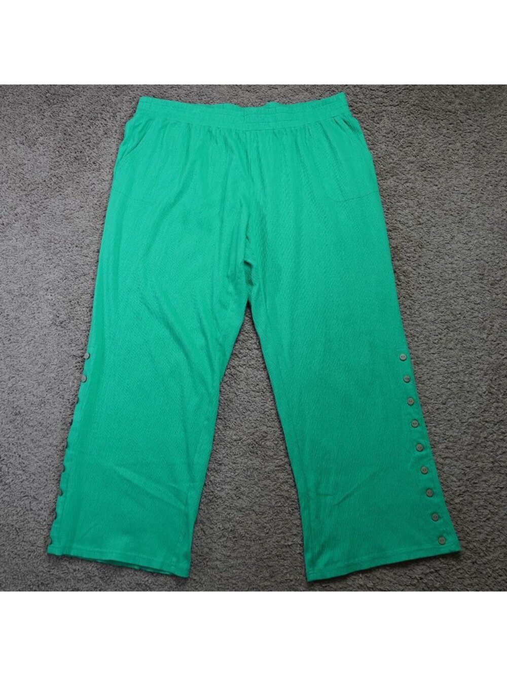 Belle Kim Gravel Wide Leg Pants Womens 1X Green Button Accent Bohemian Casual - Picture 1 of 9